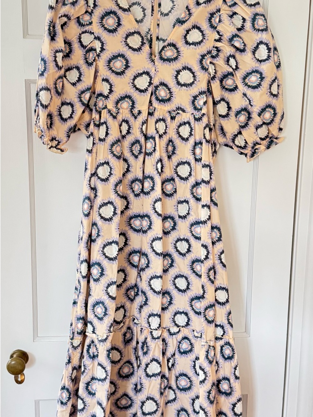 HUNTER BELL Peach Maxi Dress with Navy and White Sunburst Print